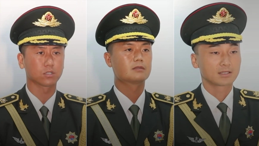黨旗手王子赫(左)、國旗手石斌(中)、軍旗手徐澤東(右)。