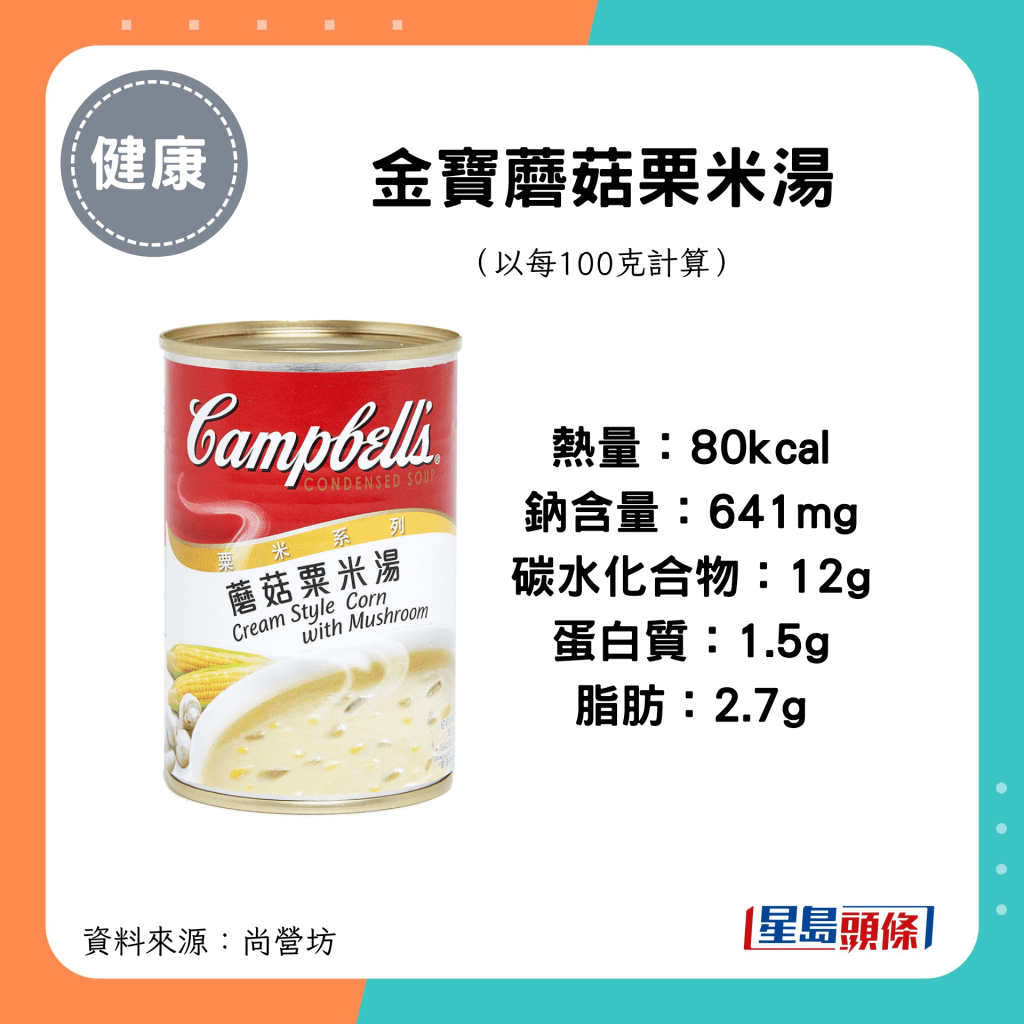 金寶蘑菇栗米湯 熱量：80kcal