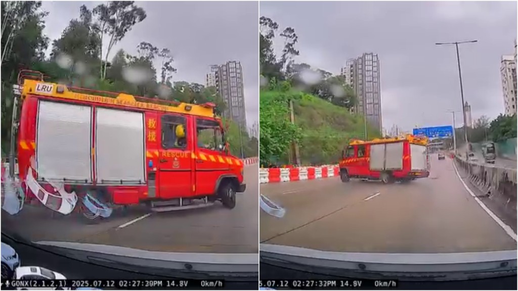 車Cam直擊｜龍翔道消防車天雨下失控 打白鴿轉撞水馬幸無人傷