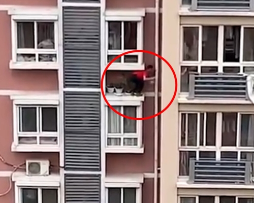 男子(紅圈)蹲在鄰居窗名澆花後，圖凌空爬返自家。影片截圖