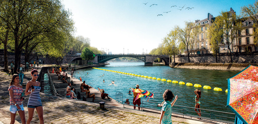 图为玛丽支流河段的模拟图，该处邻近巴黎圣母院旁的圣路易岛，将以浮标规划出70x20米的泳池。巴黎市政府