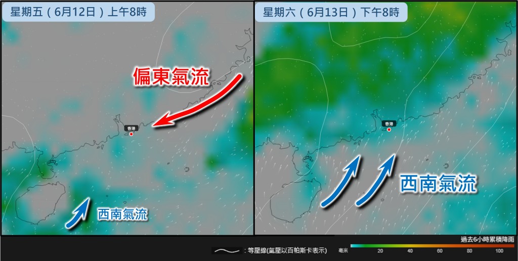 歐洲中期預報中心的（左）星期五上午8時及（右）星期六下午8時的平均海平面氣壓以及雨量預報圖。天文台圖片