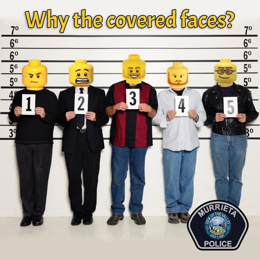 美國加州一警察局為保護疑犯私隱，用Lego公仔頭為他們的照片遮臉。  加州警方
