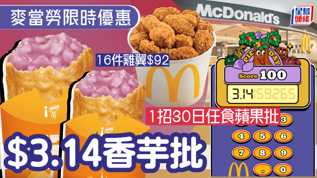 麥當勞優惠｜3.14 Pie Day回歸！$3.14香芋批＋1招任食蘋果批 脆香雞翼/McGriddles/下午茶都有減！