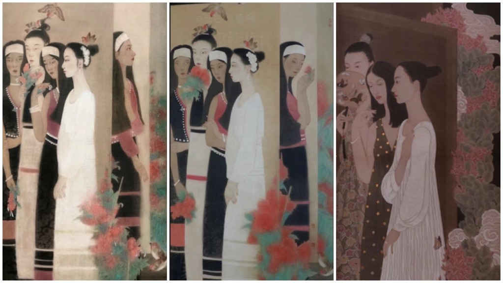 畫家孫鳳英的原畫(右)和禾子佳創作的兩幅畫，中間三個人物構圖高度相似。