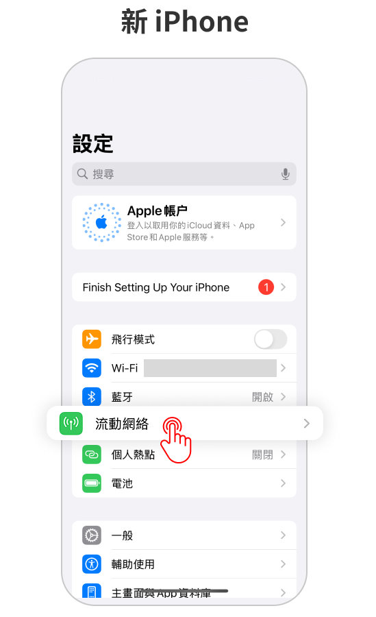 在新 iPhone開啟「設定」,點選「流動網絡」選項。 在新 iPhone開啟「設定」,點選「流動網絡」選項。