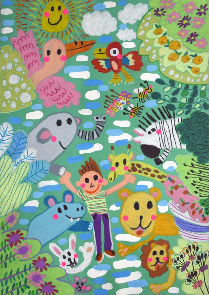 溥治的金獎作品《動物捉謎藏──Animals Hide-and-Seek》描繪出他與大象、獅子、長頸鹿、斑馬、河馬、鸚鵡等一眾小動物愉快地嬉戲的情景。(圖片由創意學堂提供)