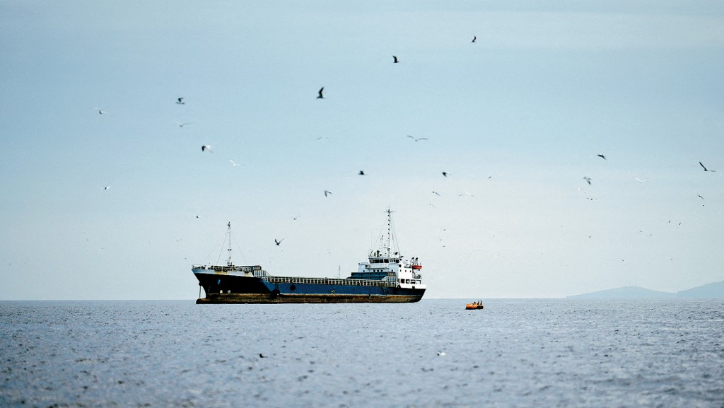 周日在阿曼對開霍爾木茲海峽航行的一艘商船。