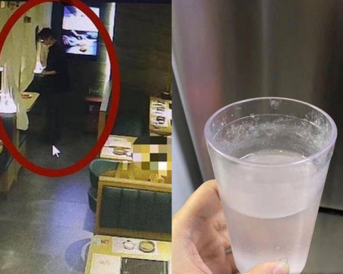 男子在女伴的水杯裡「落藥」,隨後被店員(左)換走水杯並報警。網圖