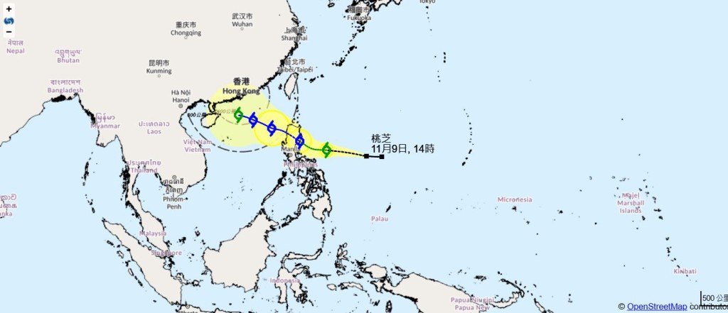 天文台預料桃芝將在下周三（13日），以強烈熱帶風暴的級別闖進香港400公里範圍內。天文台網頁