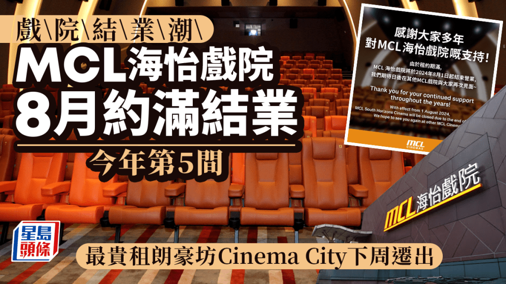 戲院結業潮 MCL海怡戲院8月結業 半年內5間執笠 最貴租朗豪坊Cinema City下周遷出