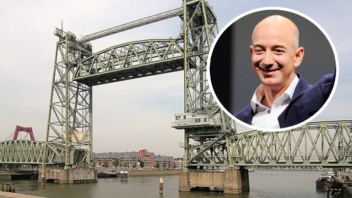 荷蘭鹿特丹市政府計畫暫時拆卸康尼謝夫橋，以使貝索斯(小圖，AP資料圖片)新建的超級遊艇通過。背景為網上圖片