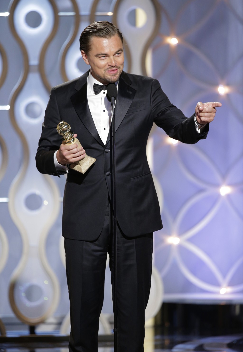 里安納度（Leonardo DiCaprio）憑《華爾街狼人》（The Wolf of Wall Street）奪金球獎最佳男主角。  美聯社