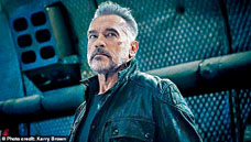 ■阿諾公開了新一集《未來戰士》中的造型，滿頭白髮及白鬍鬚，顯現老態。