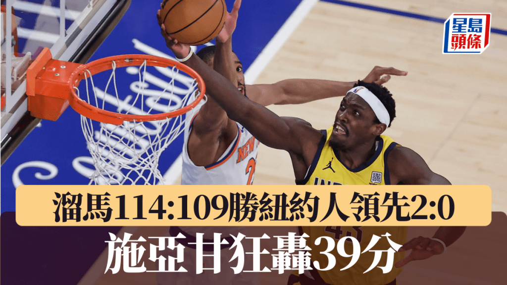 施亞甘狂轟39分，溜馬114:109勝紐約人場數領先2:0。AP