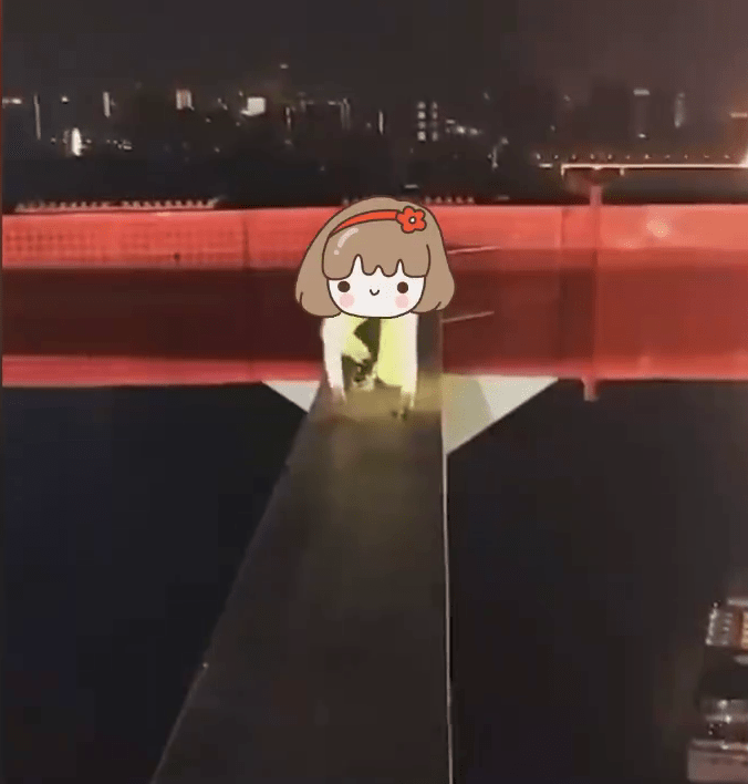 网片可见，女子在朝天门长江大桥顶部攀爬。