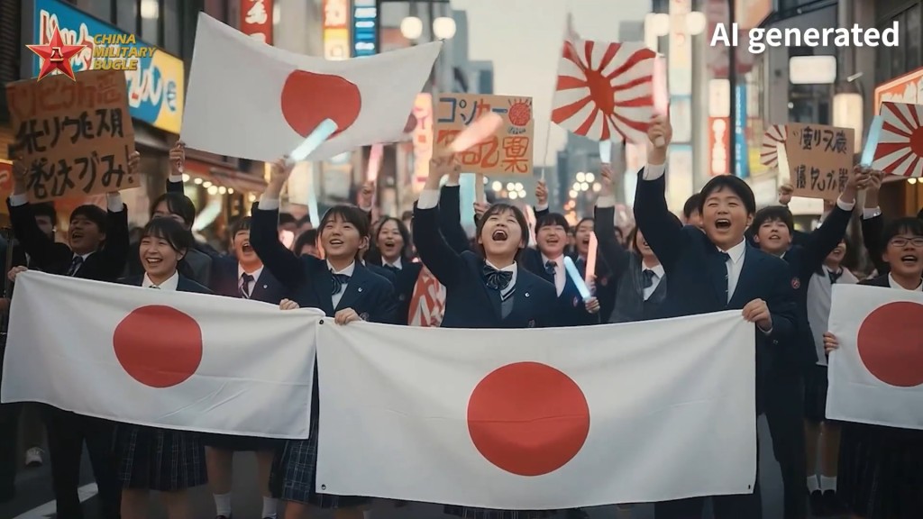 帖文更用人工智能（AI）生成一段MV，畫面出現多個日本軍國主義場面在文體領域出現。