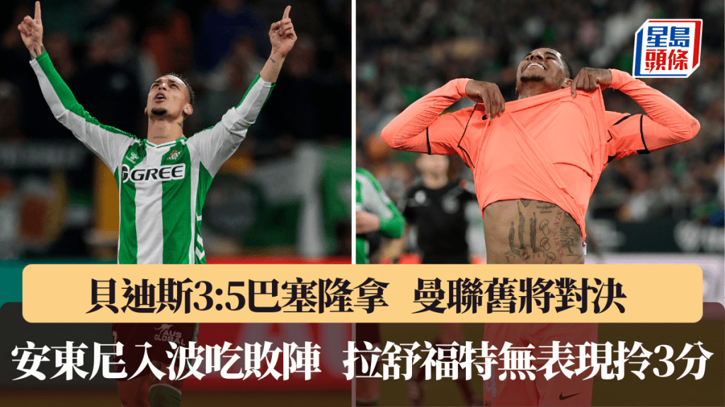 曼聯舊將對決，安東尼入波、拉舒福特單刀射失。法新社