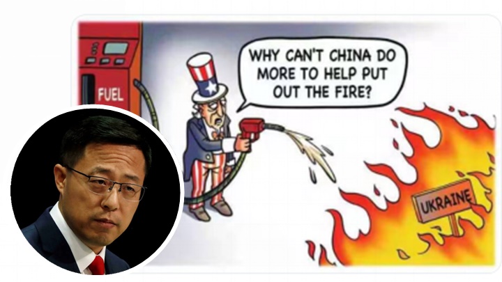 趙立堅(小圖,路透社資料圖片)轉載漫畫,諷刺美國是俄烏衝突的始作俑者。網上圖片