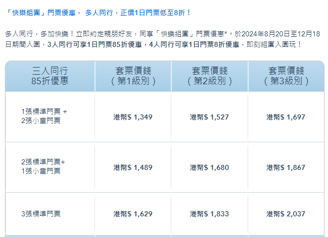 香港居民专享「快乐组团」门票优惠详情。