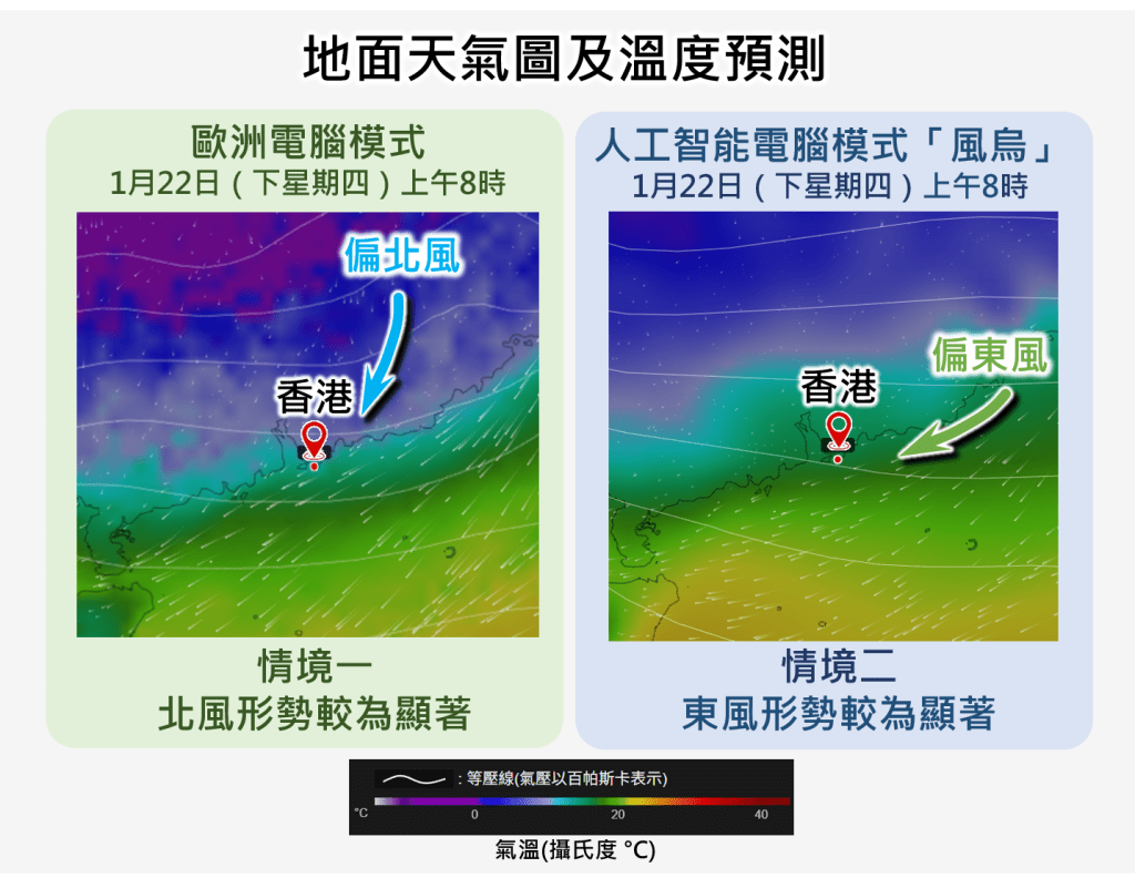 下周四（1月22日）早上八时的地面气压、风向及温度预报图。天文台图片