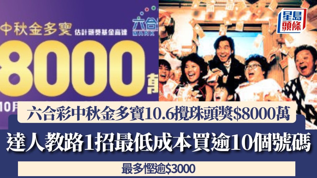 六合彩中秋金多寶10.6攪珠頭獎$8000萬！ 達人教路1招最低成本買逾10個號碼 最多慳逾$3000