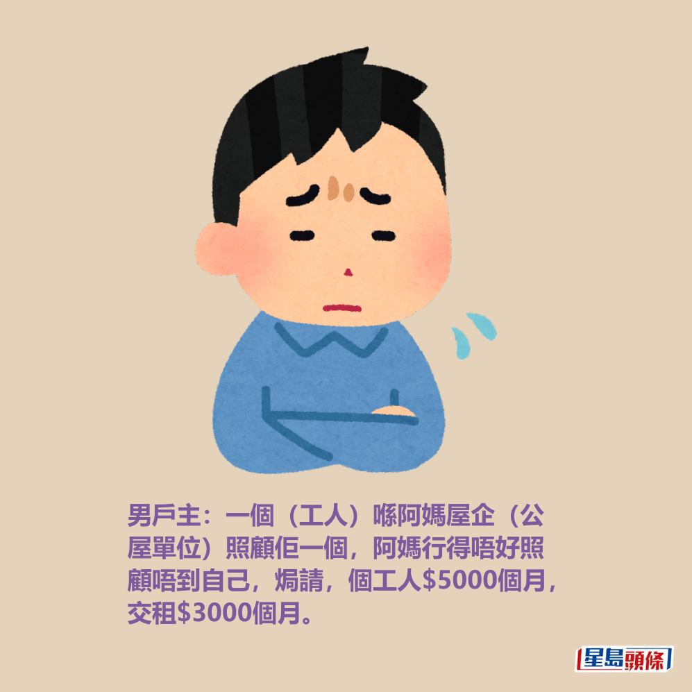 男戶主:一個(工人)喺阿媽屋企(公 屋單位)照顧佢一個,阿媽行得唔好照 顧唔到自己,焗請,個工人$5000個月, 交租$3000個月。 男戶主:一個(工人)喺阿媽屋企(公 屋單位)照顧佢一個,阿媽行得唔好照 顧唔到自己,焗請,個工人$5000個月, 交租$3000個月。