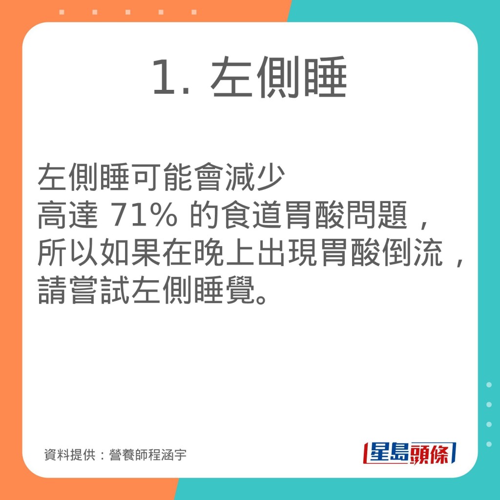 营养师程涵宇推介减少胃酸倒流的生活习惯。