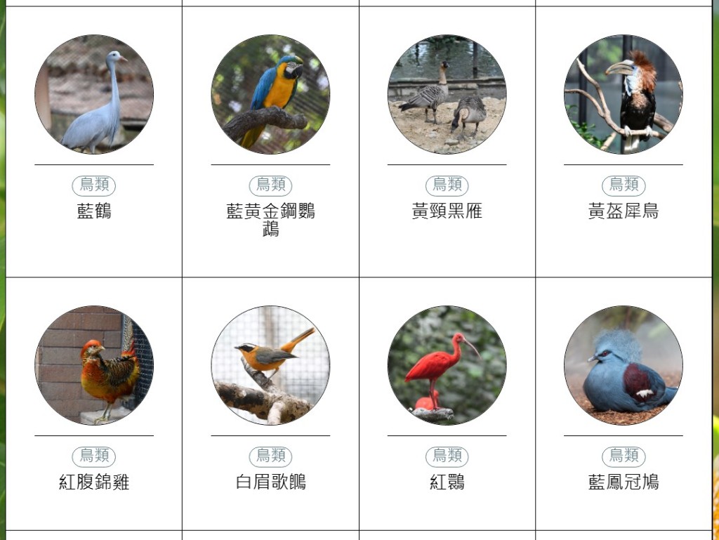 香港動植物公園動物圖鑑。「香港動植物公園」官方網站截圖 香港動植物公園動物圖鑑。「香港動植物公園」官方網站截圖