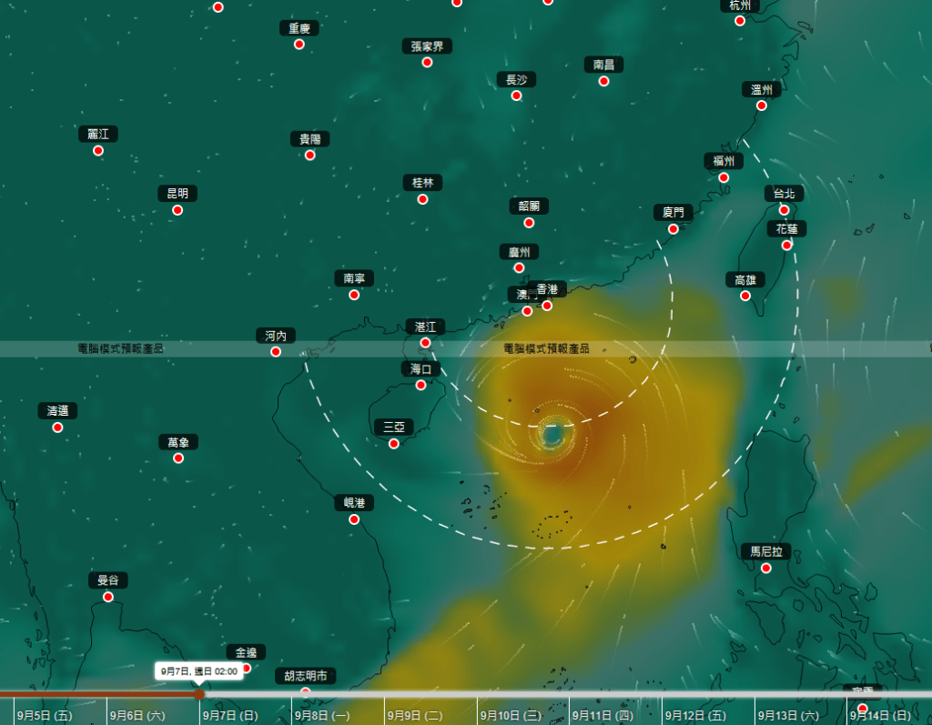 AI人工智能預測模式風烏9月7日凌晨對菲律賓以東海域廣闊低壓區的預測。天文台網站擷圖 AI人工智能預測模式風烏9月7日凌晨對菲律賓以東海域廣闊低壓區的預測。天文台網站擷圖