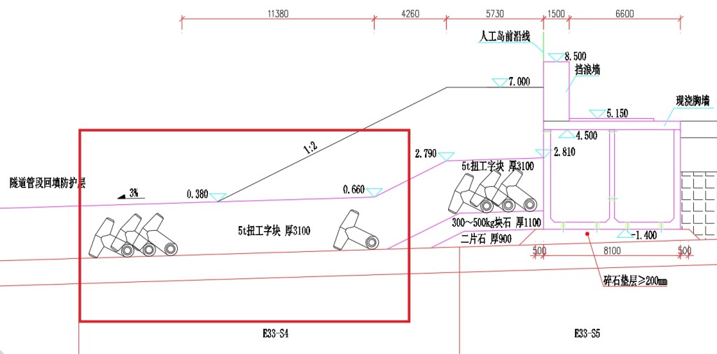 被指「沖散防波堤」位置(紅框),設計圖顯示原本「消波塊」就放在水下。港珠澳大橋管理局圖片