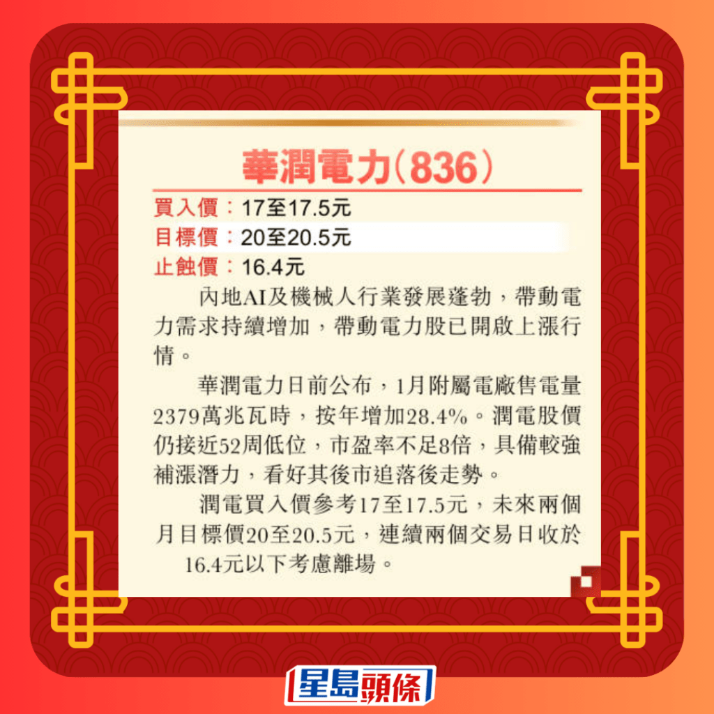 利是股：华润电力（836）目标价20至20.5元