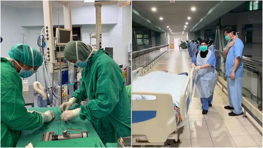 医护人员送别捐赠器官的青年，低头向他致敬。 fb / Hospital Sungai Buloh Selangor