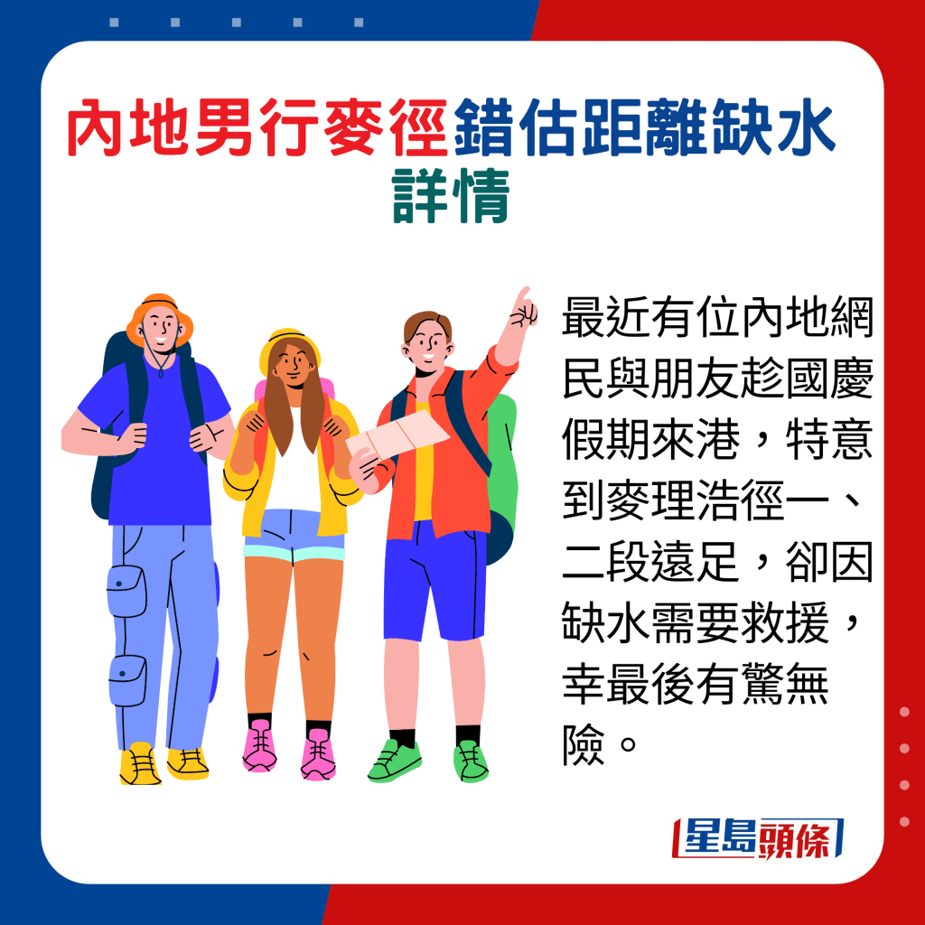 最近有位内地网民与朋友趁国庆假期来港，特意到麦理浩径一、二段远足，却因缺水需要救援，幸最后有惊无险。