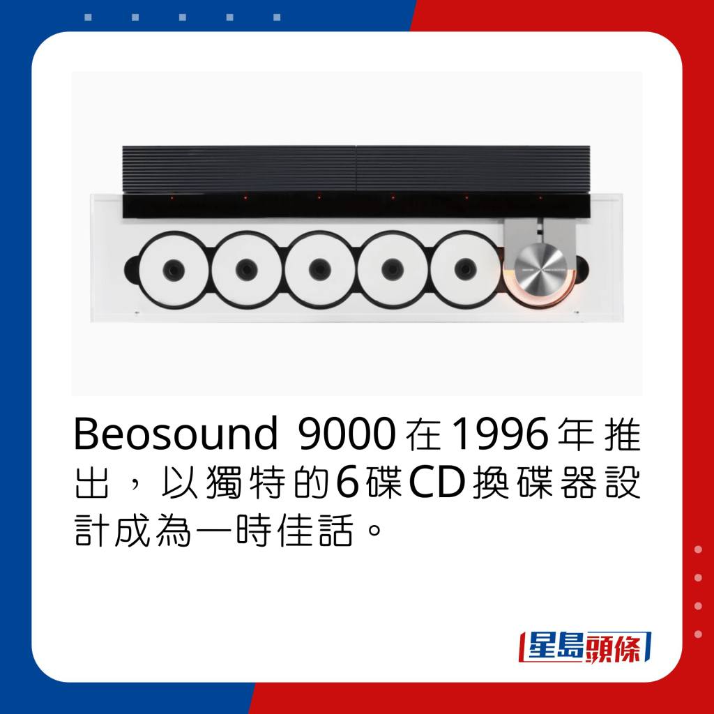 Beosound 9000在1996年推出，以獨特的6碟CD換碟器設計成為一時佳話。