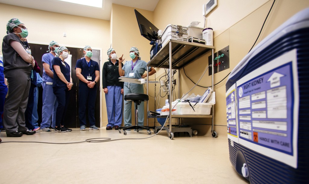 伯明罕阿拉巴馬大學醫學研究人員在2023年2月15日研究人員正在準備將豬腎移植到捐贈的身體中。AP