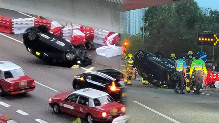 一架黑色私家車失控自炒,撞及路中水馬後四輪朝天。網上圖片