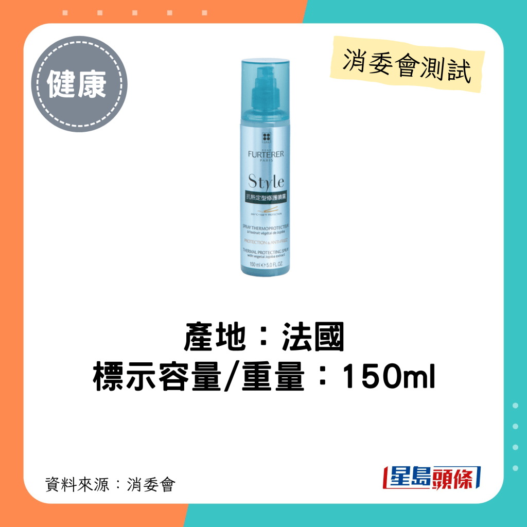 消委會髮泥髮蠟5星名單｜RENE FURTERER 抗熱定型修護噴霧容量為150ml。