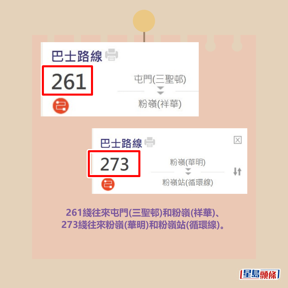 261綫往來屯門(三聖邨)和粉嶺(祥華)、 273綫往來粉嶺(華明)和粉嶺站(循環線)。九巴網站截圖 261綫往來屯門(三聖邨)和粉嶺(祥華)、 273綫往來粉嶺(華明)和粉嶺站(循環線)。九巴網站截圖