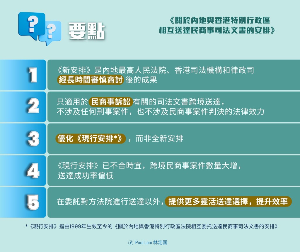 《關於內地與香港特別行政區相互送達民商事司法文書的安排》要點。林定國fb