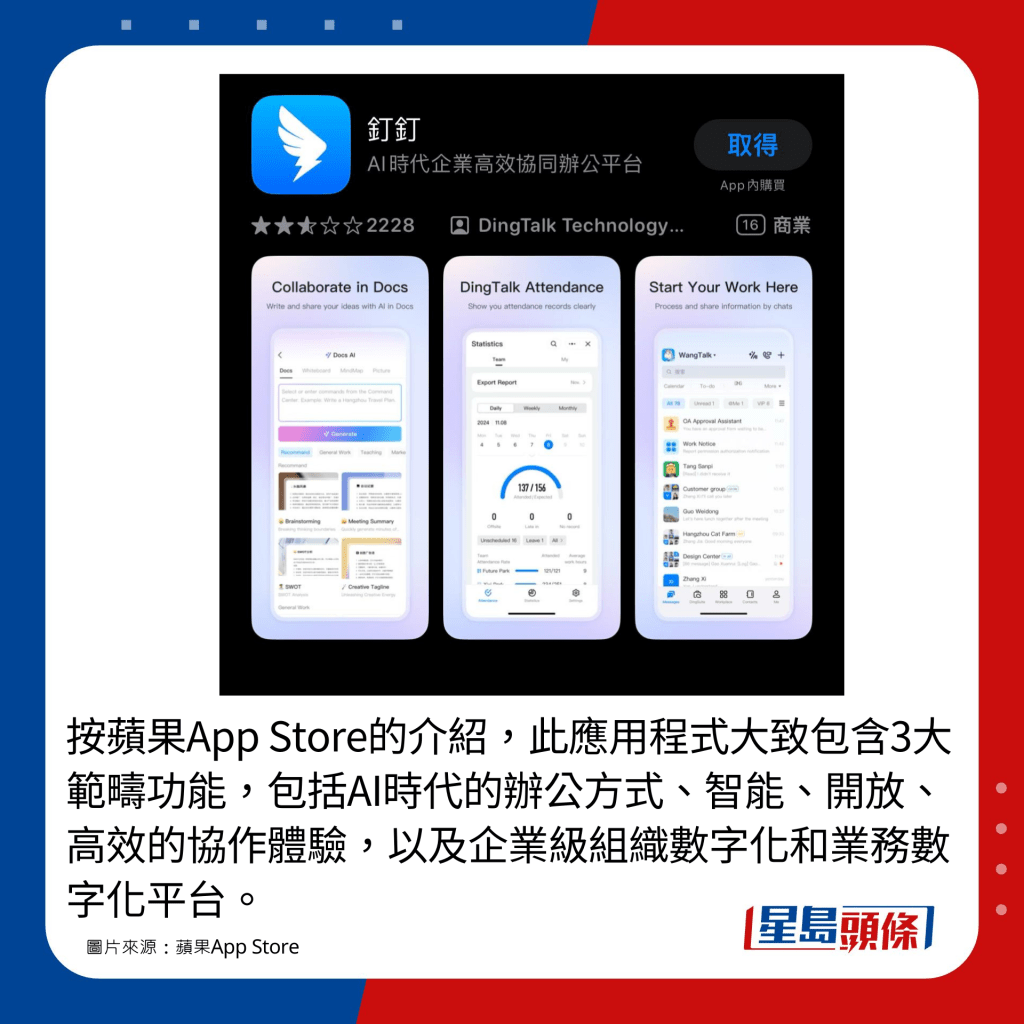 按苹果App Store的介绍，此应用程式大致包含3大范畴功能，包括AI时代的办公方式、智能、开放、高效的协作体验，以及企业级组织数字化和业务数字化平台。