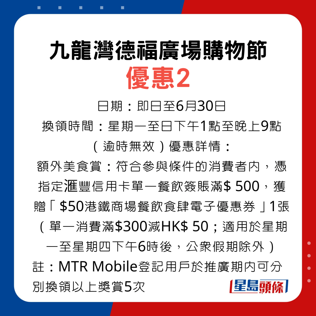 優惠2，憑滙豐信用卡於指定港鐵商場消費，賺高達215,000 MTR分及HK$ 250餐飲電子優惠券。