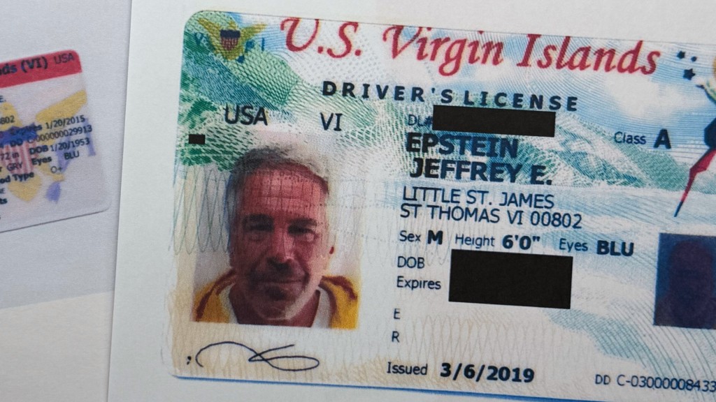 愛潑斯坦的美屬維京群島車牌。 美聯社