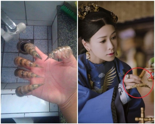蝦殼套上手指,隨即變成古代妃嬪手上的「護指」。網圖