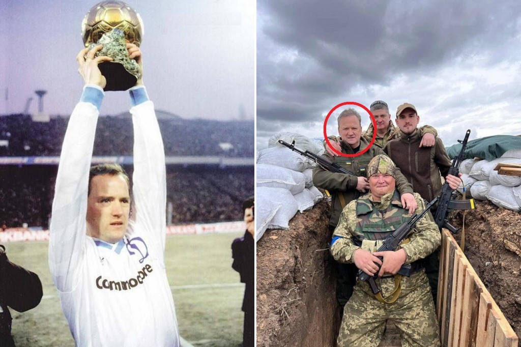 曾穿起基輔戴拿模戰衣奪得八六年歐洲足球先生的傳奇鋒將、前蘇聯國腳貝倫諾夫，亦以年屆六十一歲之齡，改披軍服手執機槍(紅圈者)，助烏克蘭抵禦俄羅斯的入侵。網上圖片