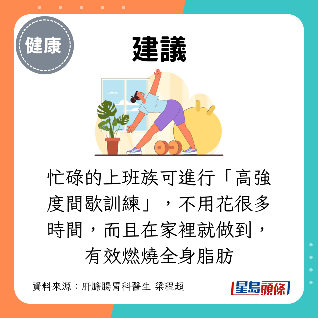 忙碌的上班族可進行「高強度間歇訓練」，不用花很多時間，而且在家裡就做到，有效燃燒全身脂肪