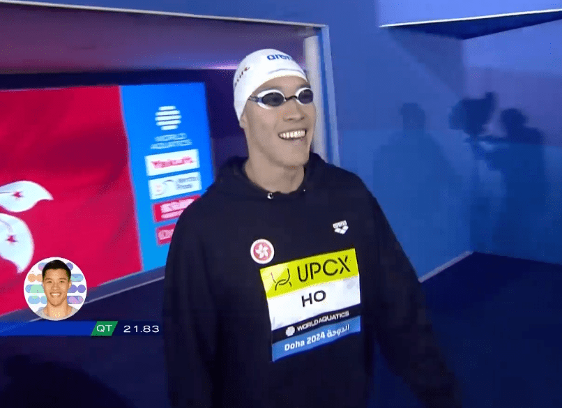 杭州亞運銀牌得主的何甄陶曾於50米自由泳初賽刷新港績. 電視截圖