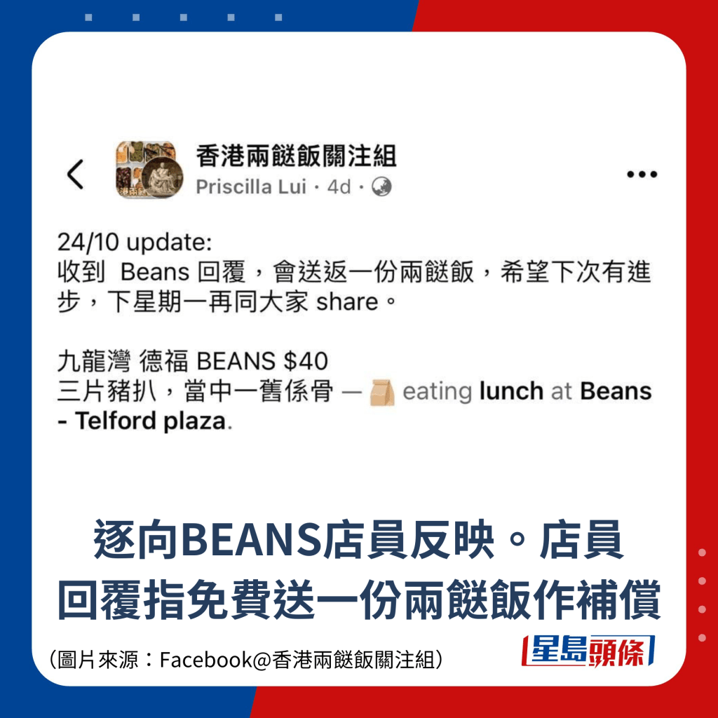 逐向BEANS店員反映。店員 回覆指免費送一份兩餸飯作補償