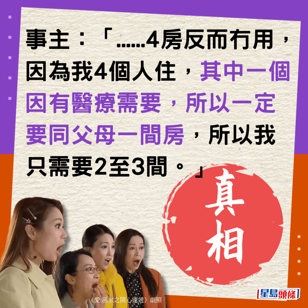 「......4房反而冇用，因為我4個人住，其中一個因有醫療需要，所以一定要同父母一間房，所以我只需要2至3間。」