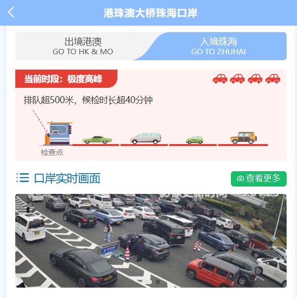 截至下午3時入境珠海車流為「極度高峰」。港珠澳大橋官方微信號